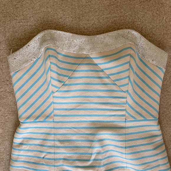 Lilly Pulitzer Remi tan/aqua blue striped with silver strapless dress - Picture 2 of 5